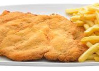 Pork cutlet with fried potatoes and Ketchup